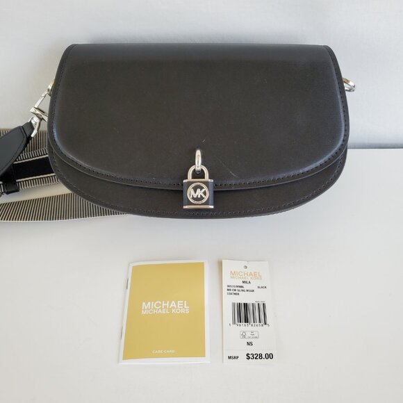 MICHAEL KORS Mila Medium Leather East West Sling Messenger Bag Purse Black - Picture 5 of 14